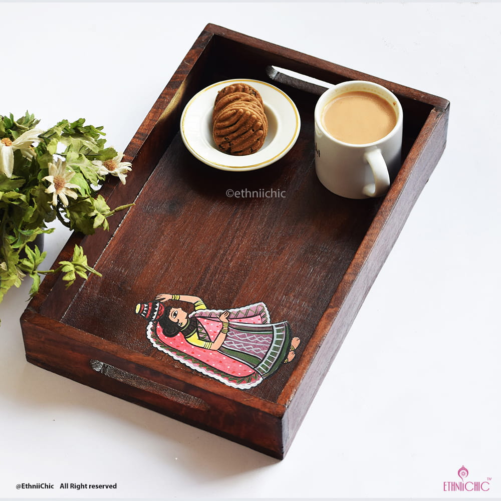 Hand painted Madhubani Lady Solid Wood Serving Tray image 1