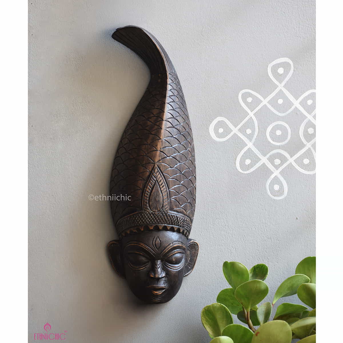 Wooden Hand carved Tribal Gambhira Wall Mask with Fish Crown image 0