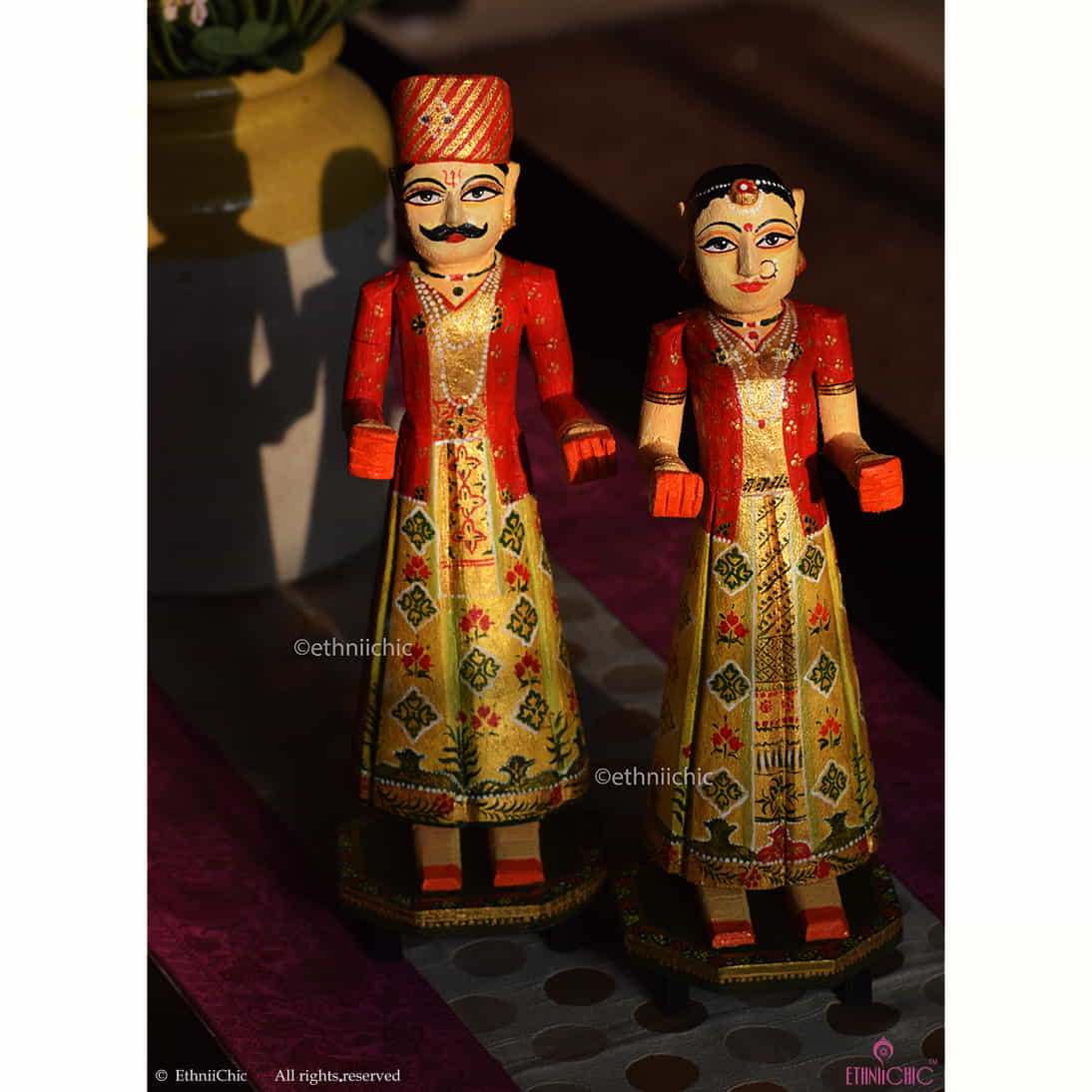 Wooden Gangaur Dolls 12" - Red & Gold image 2