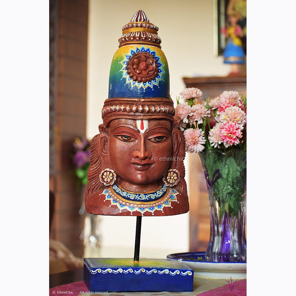 Wooden Hand Painted Vishnu Head on stand - 20" image 1