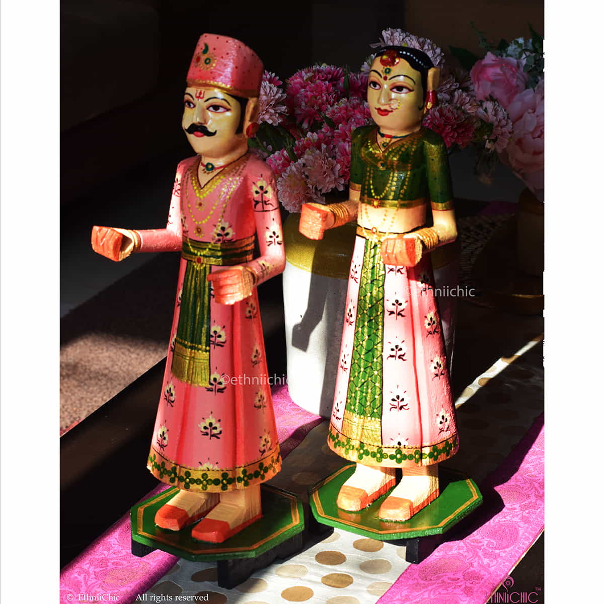 Wooden Gangaur Dolls 18"- Peach & Olive Green image 1
