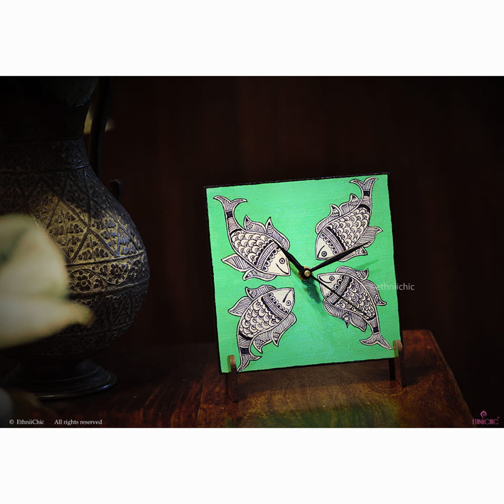 Hand painted Madhubani Fish Table Clock 1 image 1