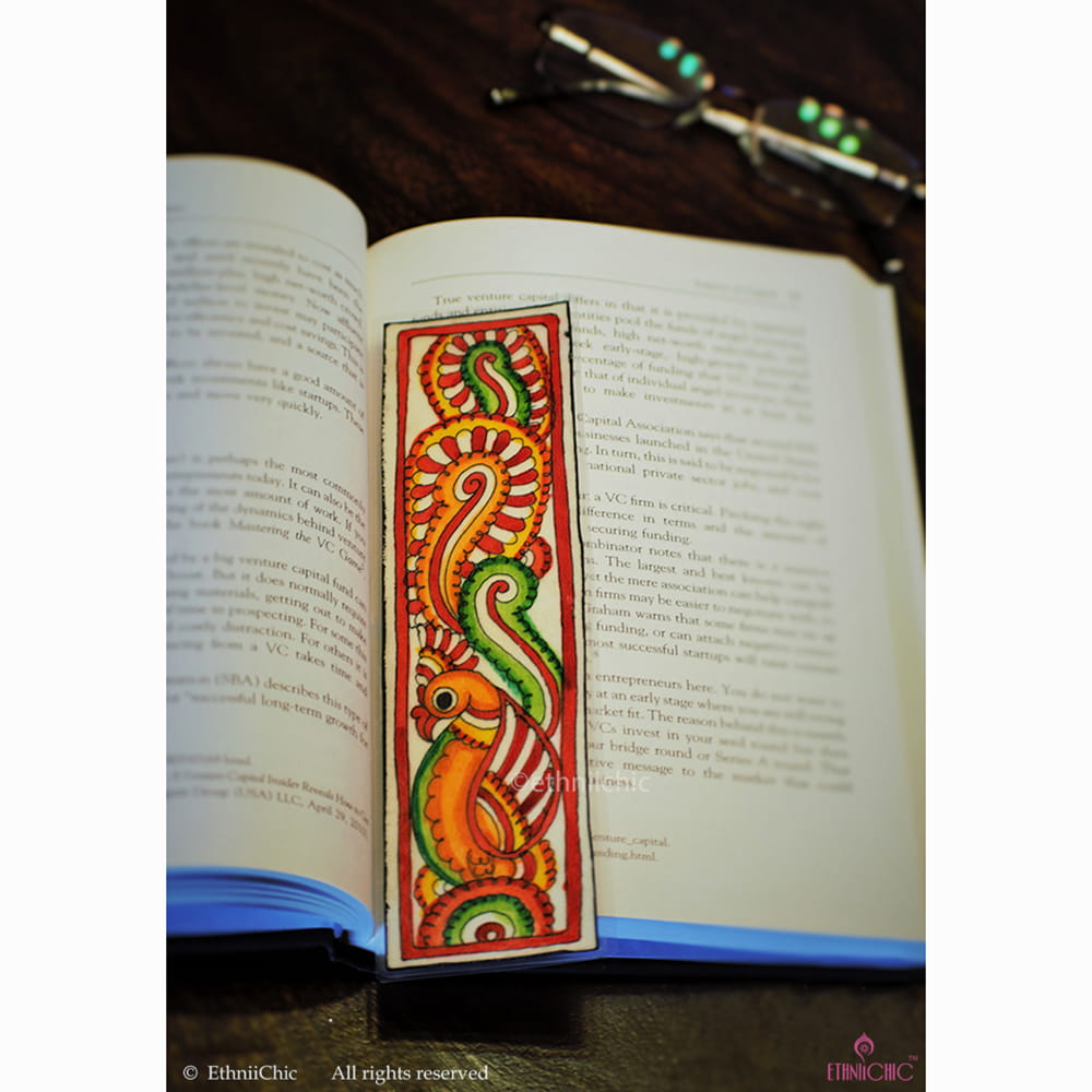 Hand painted Tholu Bommalatha Orange Peacock Book mark image 0