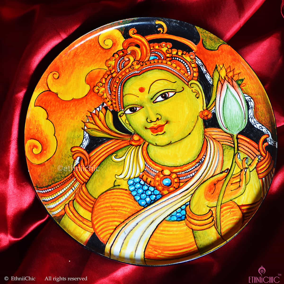 Hand painted Wooden Apsara Kerala Mural Wall Plate A - 10" image 0