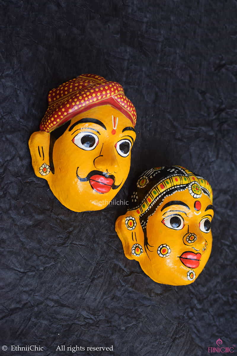 Handmade Yellow Cheriyal Mask - Wall Decor image 1