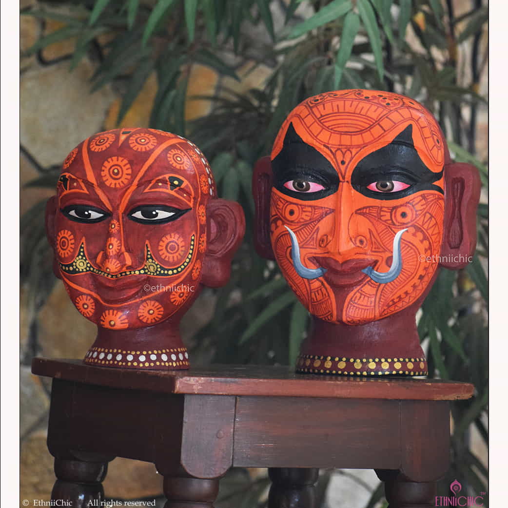 Handpainted Wooden Theyyam Heads Set -10" & 8" image 0