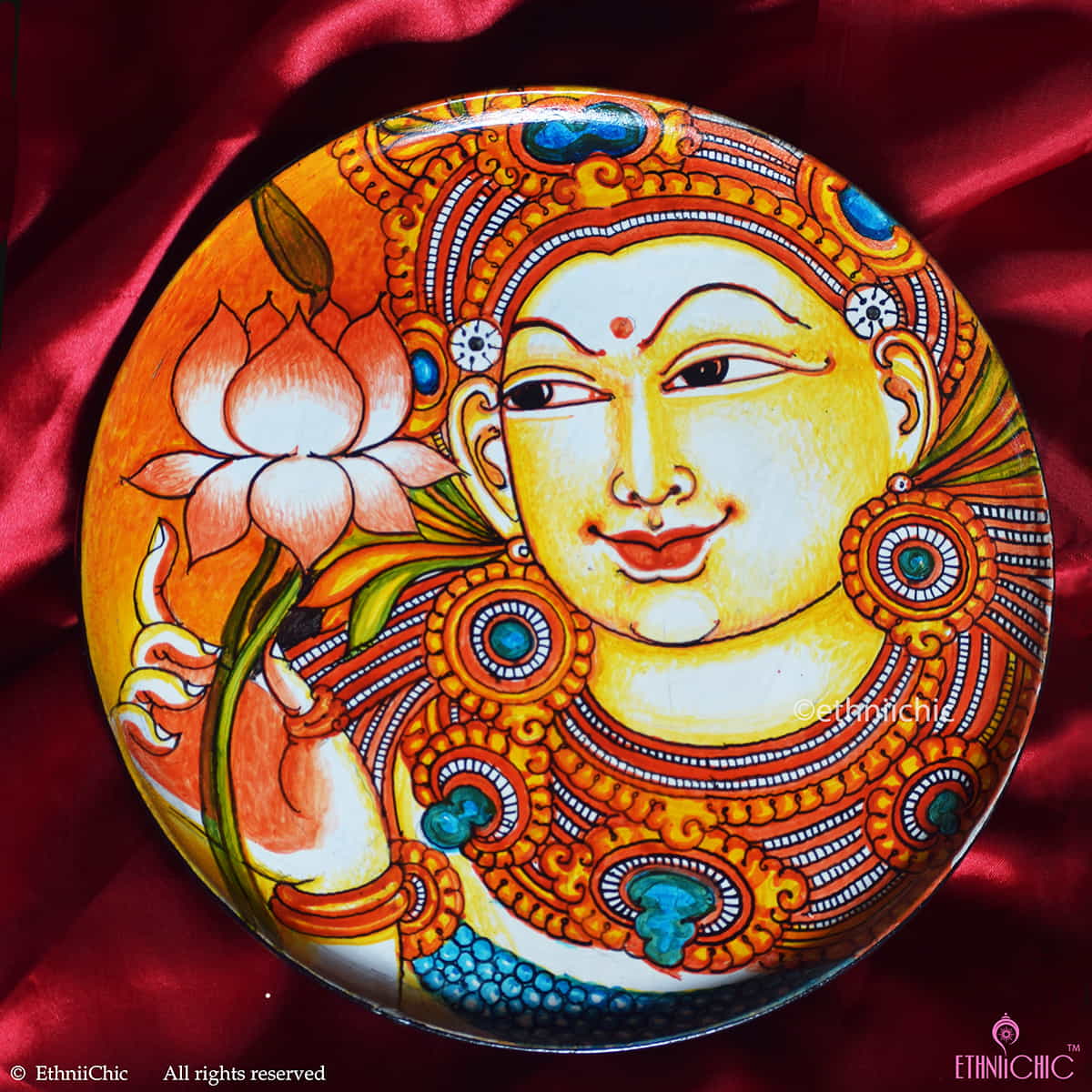 Handpainted Wooden Apsara Kerala Mural Wall Plate - 10" image 0