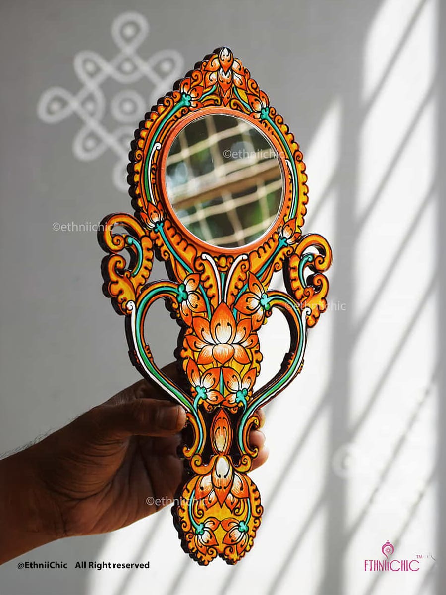 Wooden Hand Painted Kerala Mural Hand Mirror