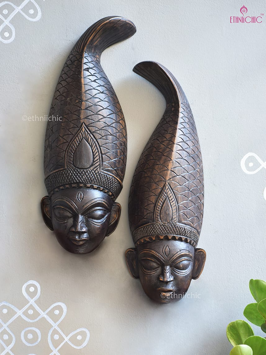 Wooden Hand carved Gambhira Wall Mask Pair with Fish Crown (Set of 2)