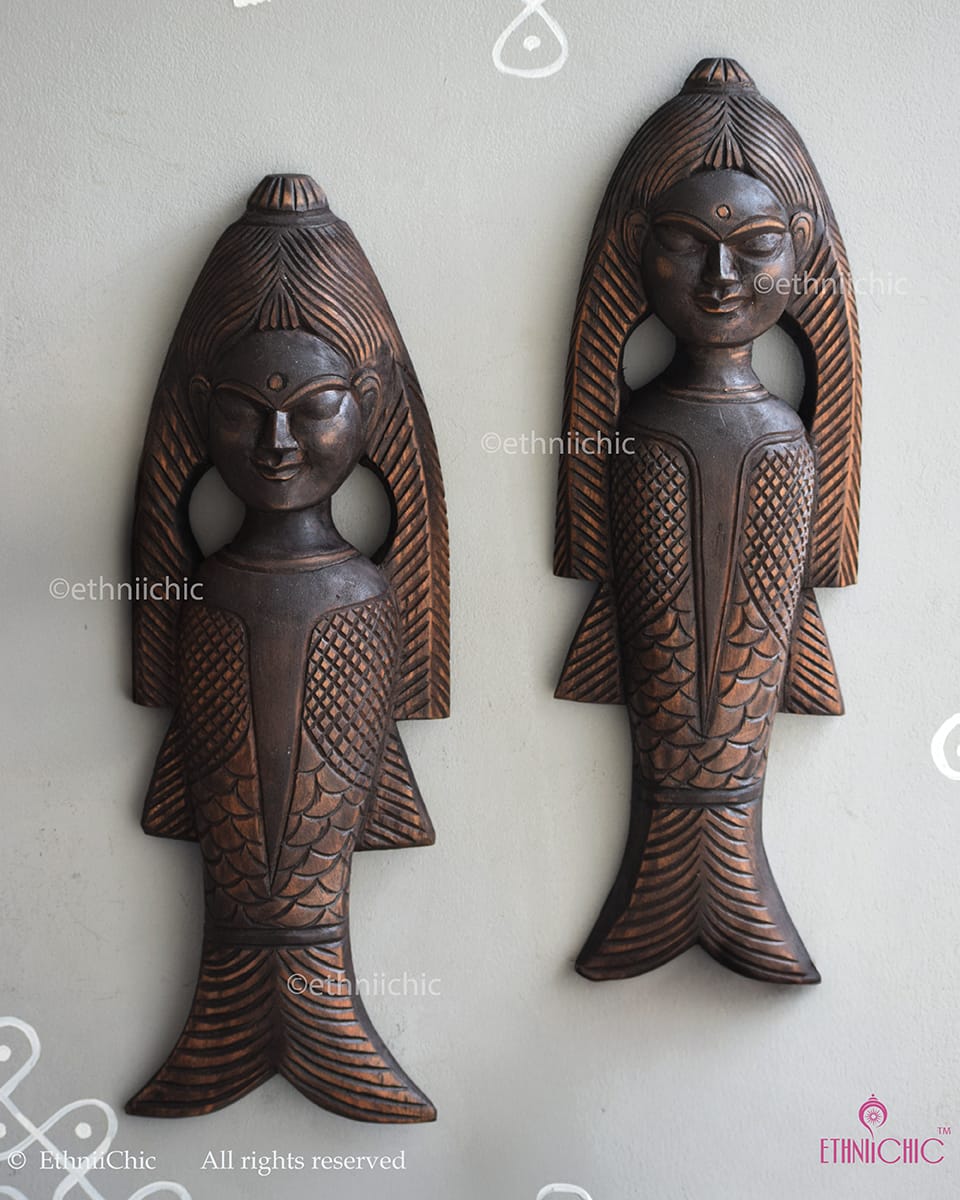 Gambhira Matsya Kanya Wall Mask Pair – Hand Carved Wooden Décor (Set of 2)