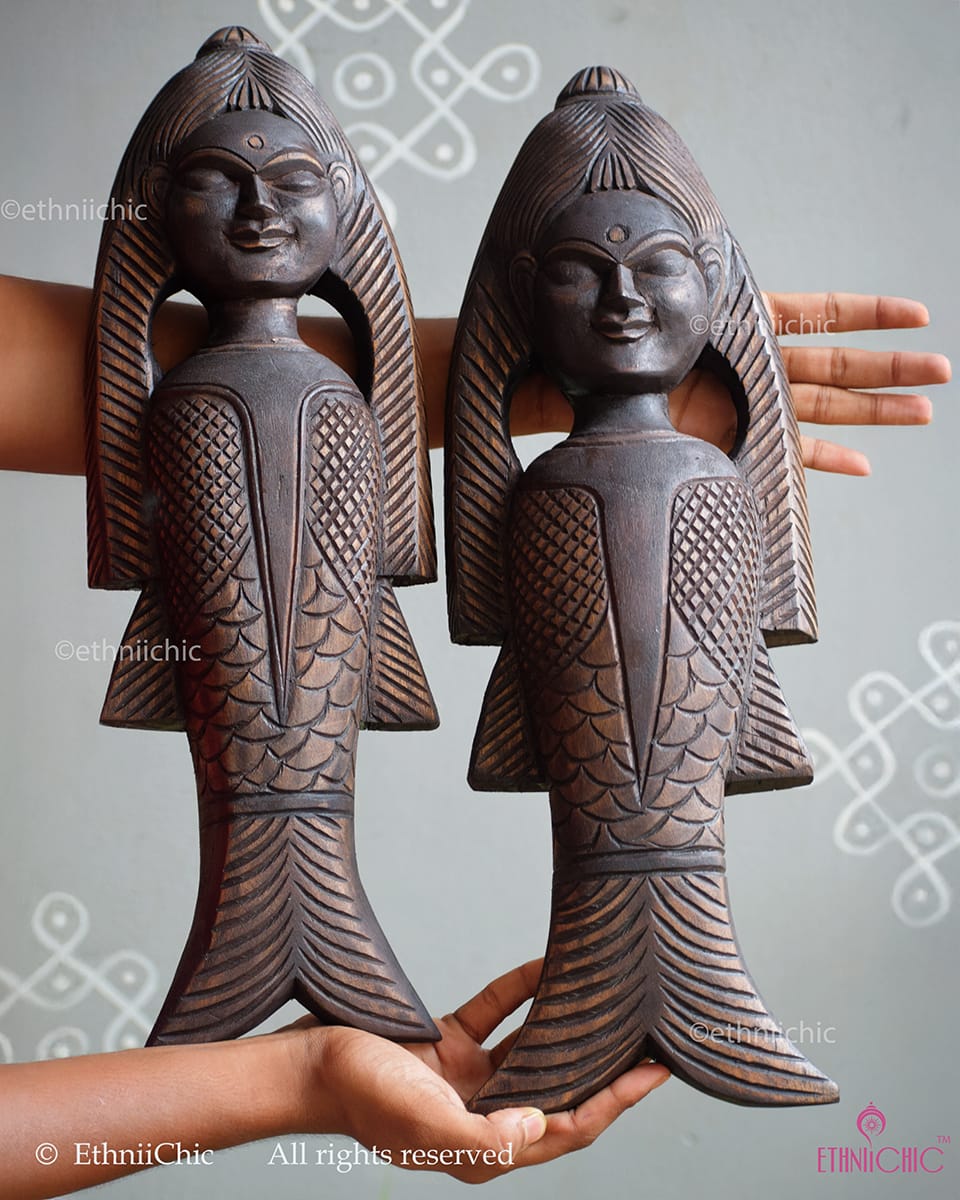 Gambhira Matsya Kanya Wall Mask Pair – Hand Carved Wooden Décor (Set of 2)