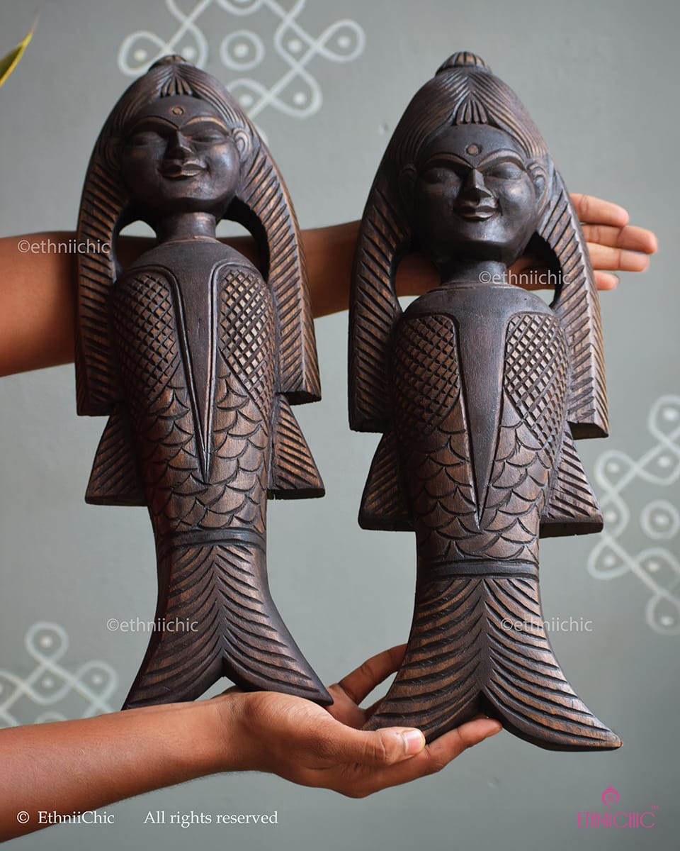 Gambhira Matsya Kanya Wall Mask Pair – Hand Carved Wooden Décor (Set of 2)