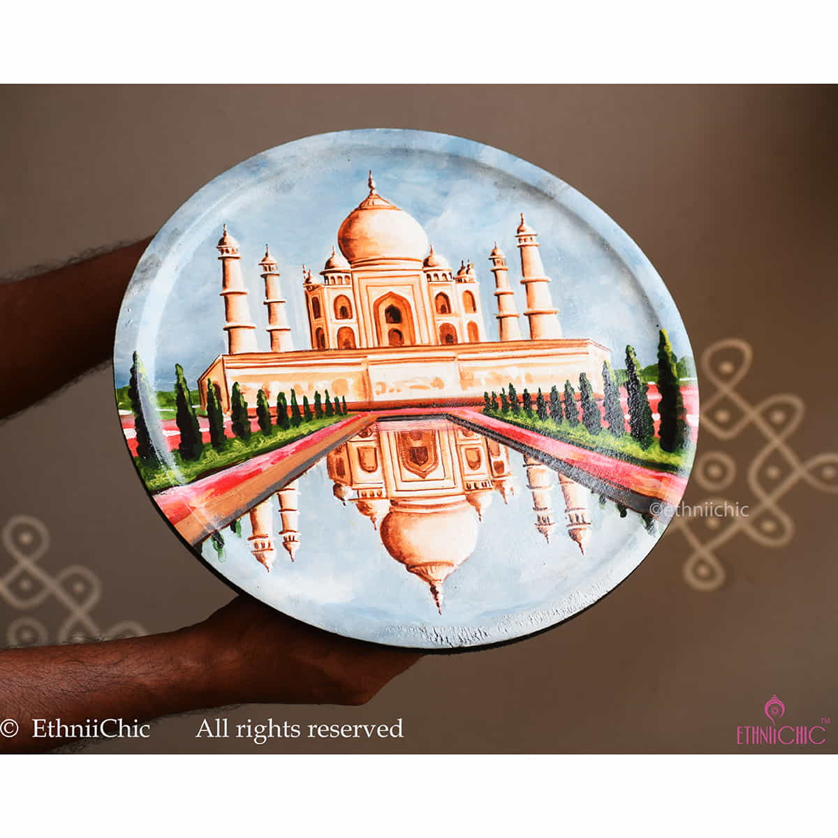 Hand painted Wooden Wall Plate Art Decor Taj Mahal - 12"