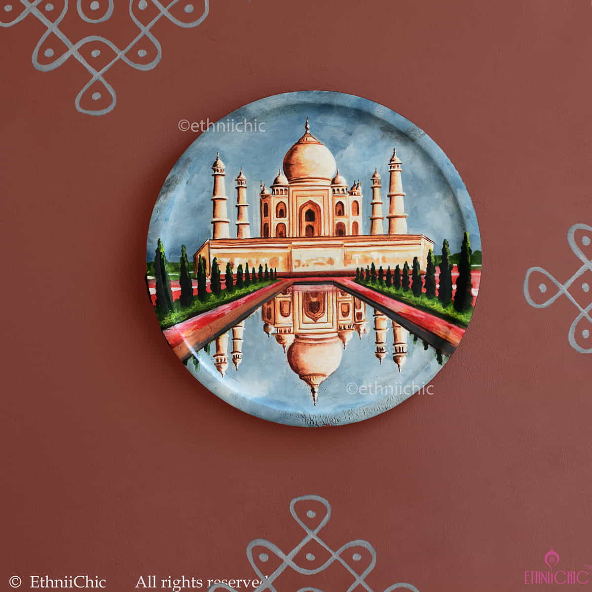Hand painted Wooden Wall Plate Art Decor Taj Mahal - 12"