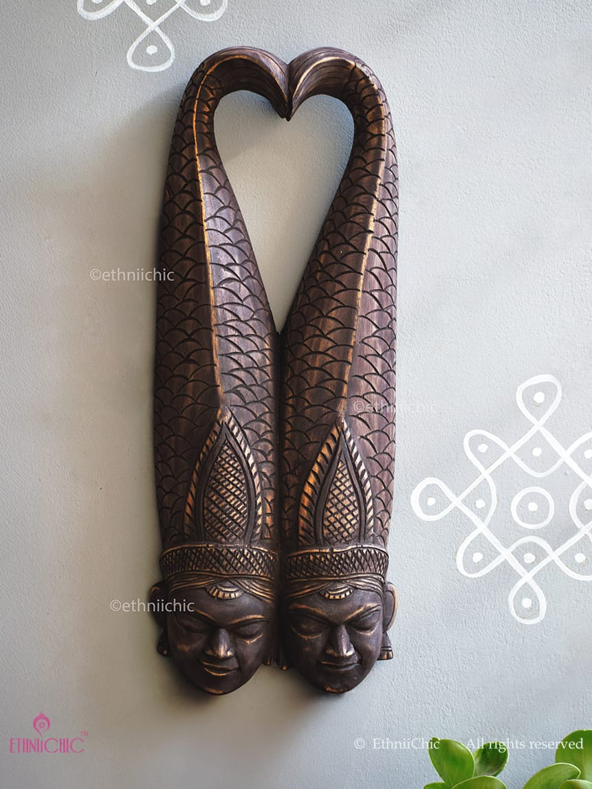 Wooden Hand carved Gambhira Wall Mask Twin Pair with Fish Crown