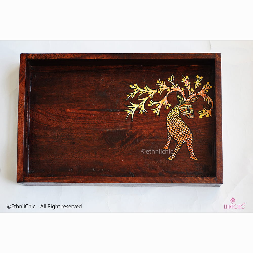 Hand Painted Deer Solid Wood Serving Tray