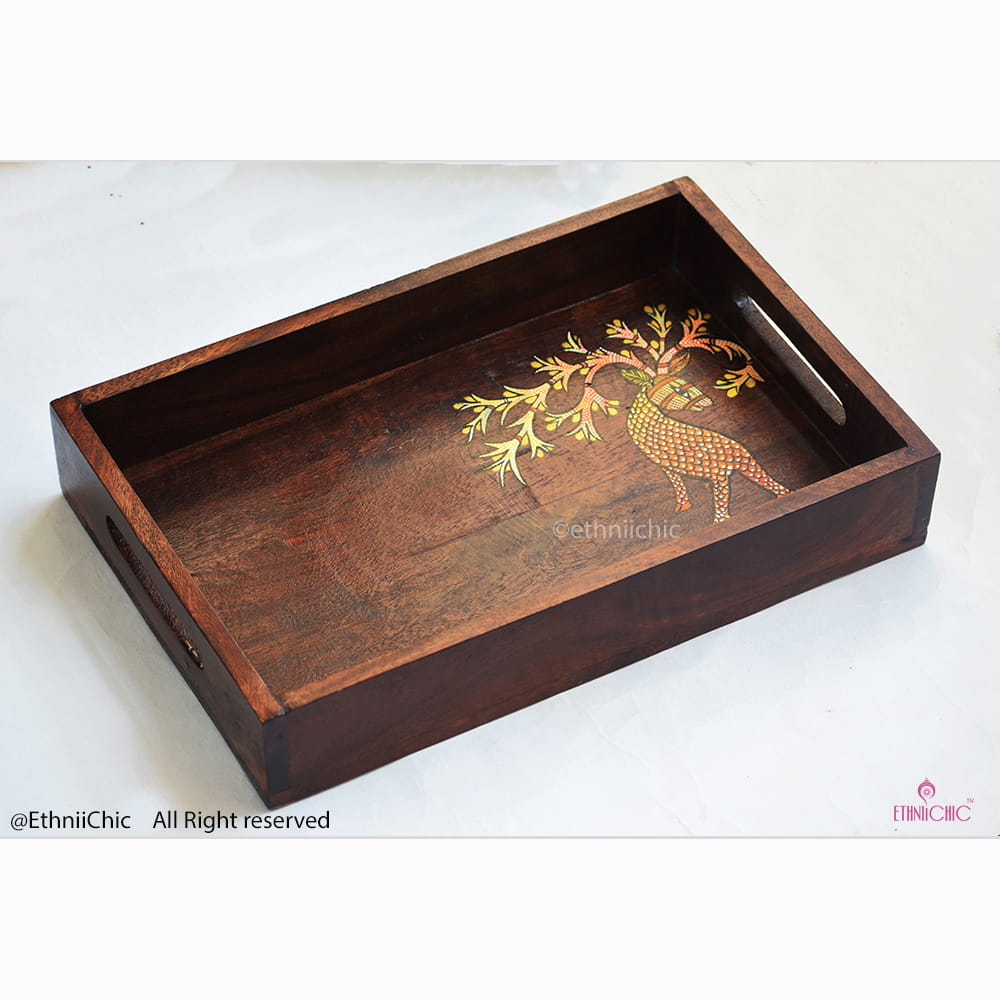 Hand Painted Deer Solid Wood Serving Tray