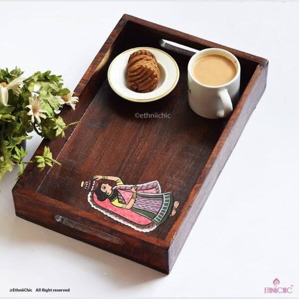 Hand painted Madhubani Lady Solid Wood Serving Tray