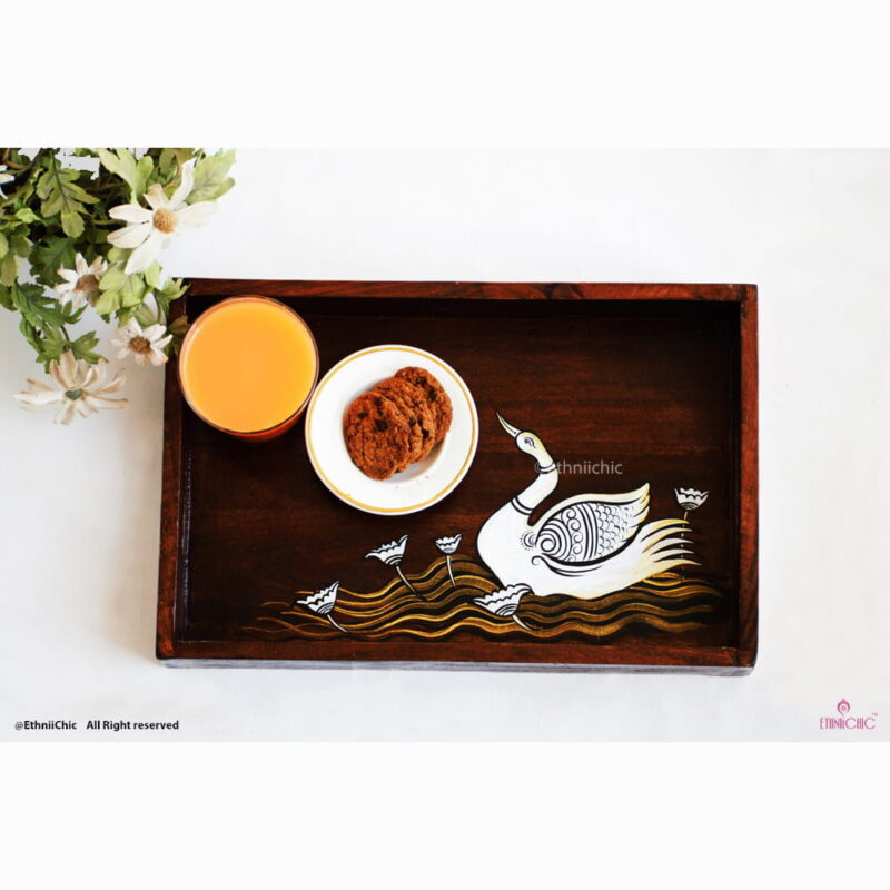 Hand Painted Swan Solid Wood Serving Tray