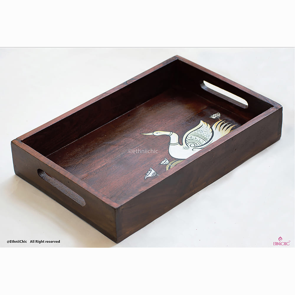 Hand Painted Swan Solid Wood Serving Tray