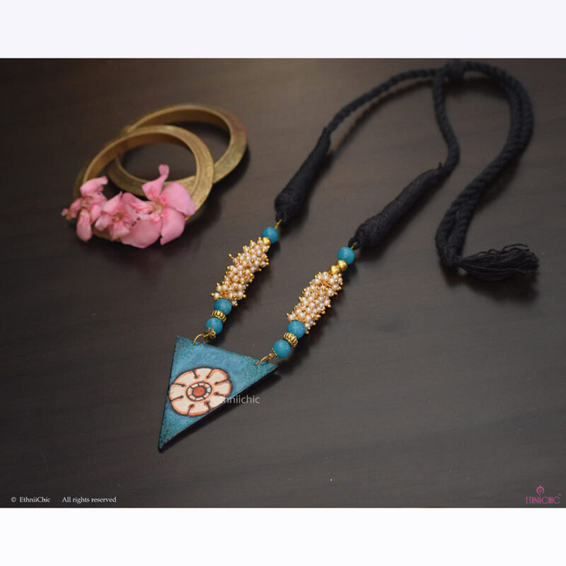 Hand Painted Kerala Mural Blue Color Floral Necklace