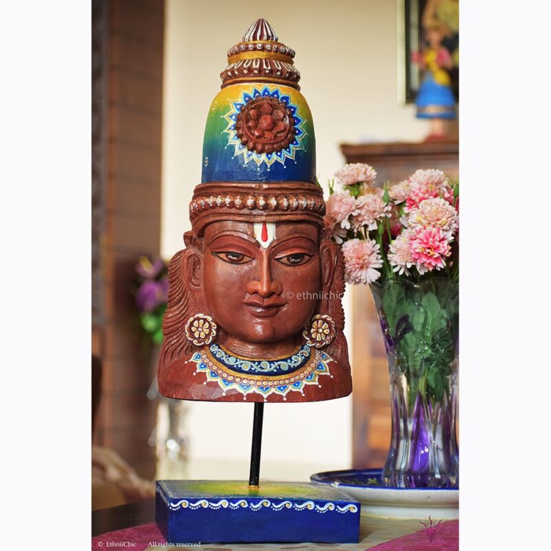 Wooden Hand Painted Vishnu Head on stand - 20"