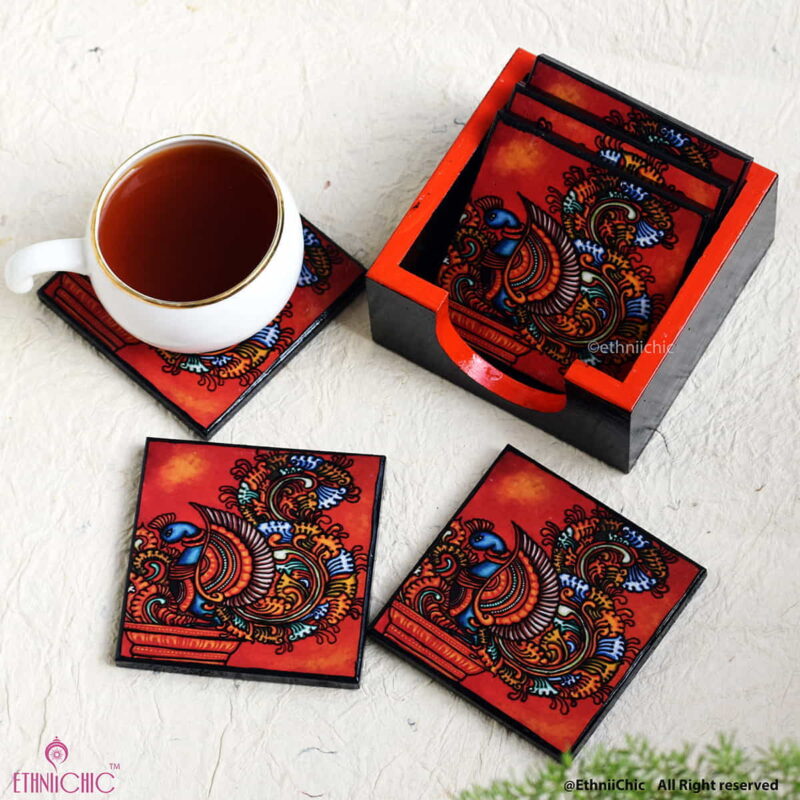 Wooden Tea Coasters - Kerala Mural Peacock Orange