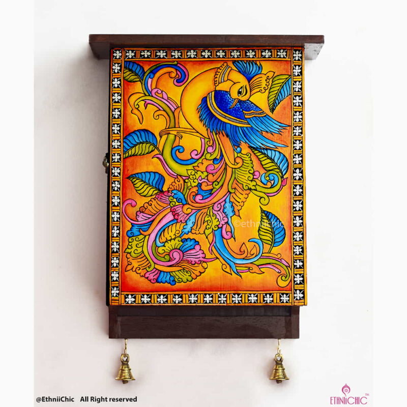 Kerala Mural Hand-Painted Wooden Key Holder – Peacock Design