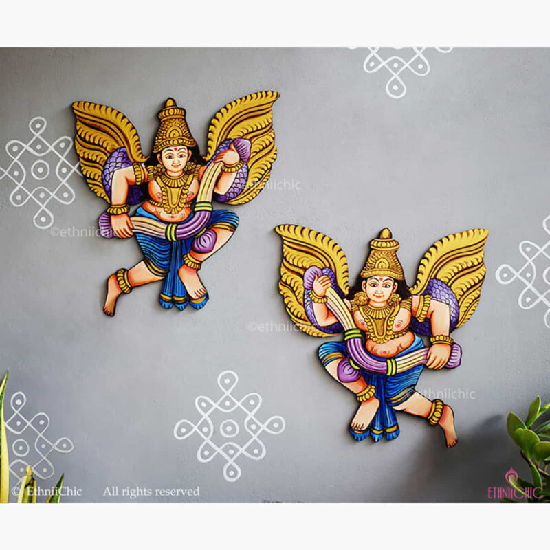 Wooden Cut-out of Hand Painted Gandharva with Garland