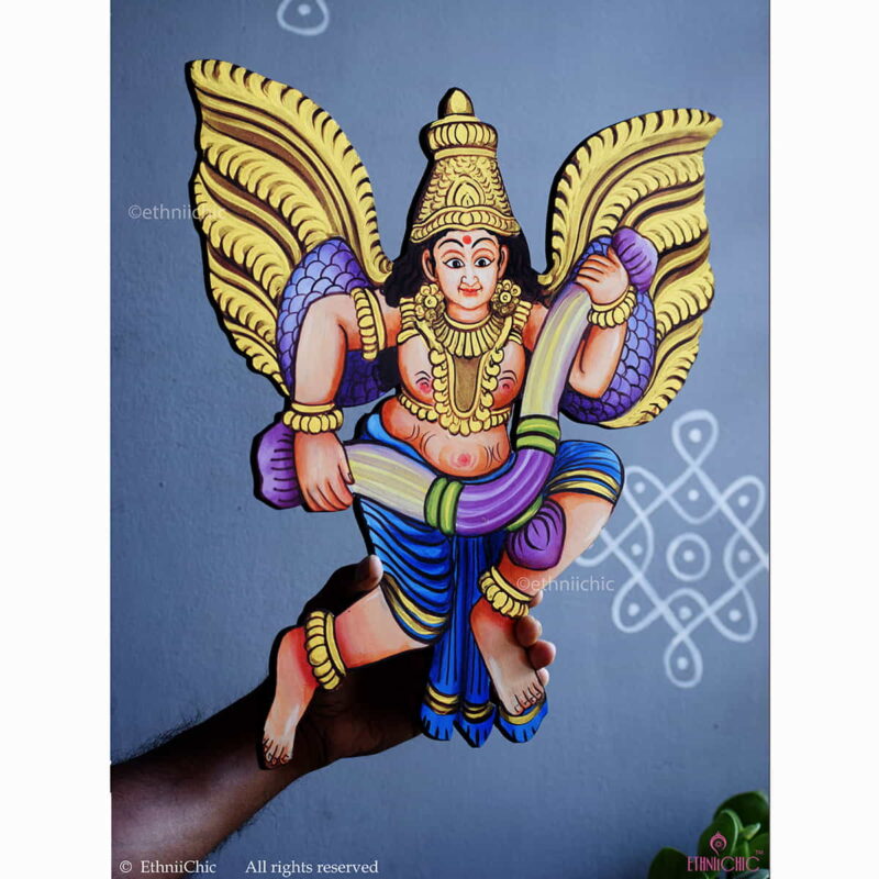 Wooden Cut-out of Hand Painted Gandharva with Garland