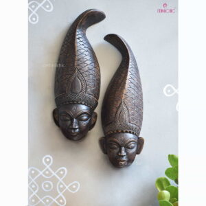 Wooden Hand carved Gambhira Wall Mask Pair with Fish Crown (Set of 2)
