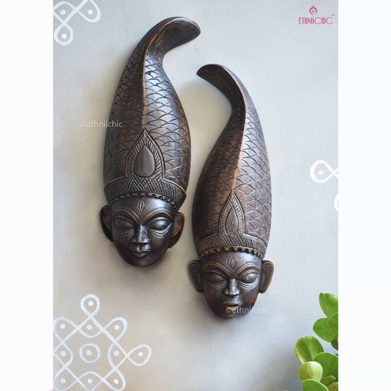 Wooden Hand carved Gambhira Wall Mask Pair with Fish Crown (Set of 2)