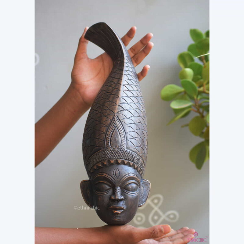 Wooden Hand carved Tribal Gambhira Wall Mask with Fish Crown