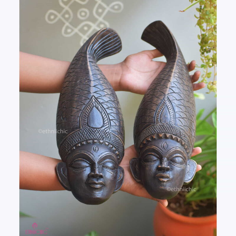 Wooden Hand carved Gambhira Wall Mask Pair with Fish Crown (Set of 2)
