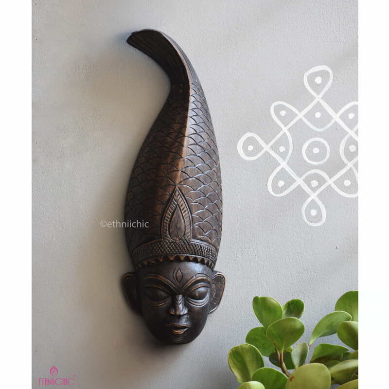 Wooden Hand carved Tribal Gambhira Wall Mask with Fish Crown