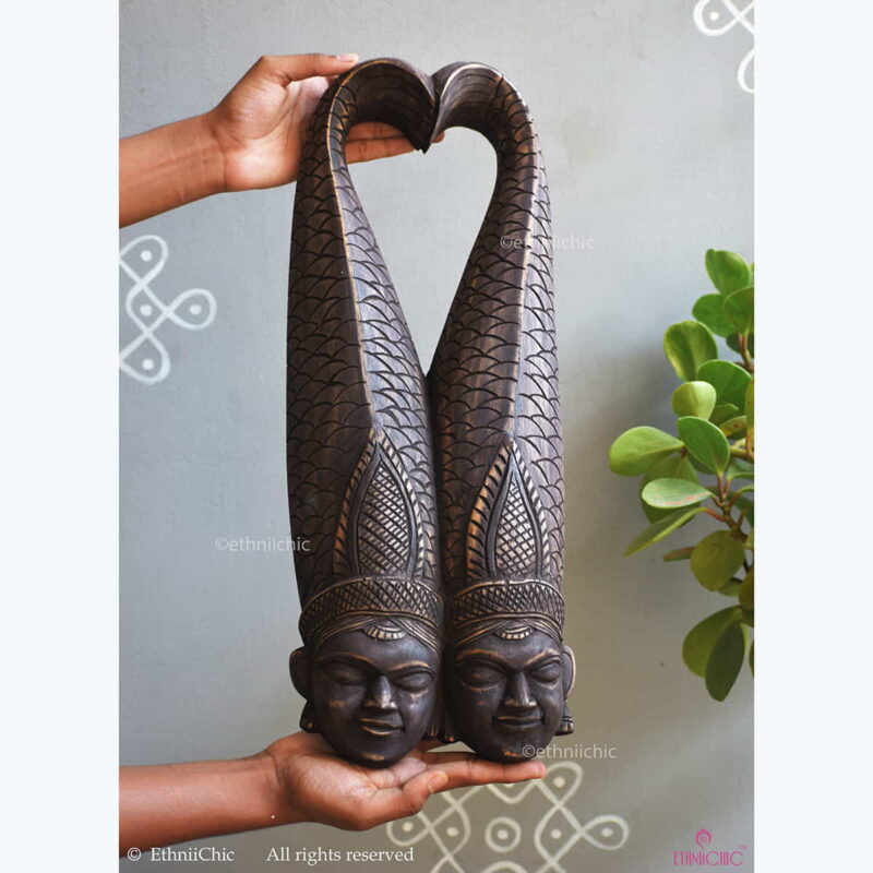 Wooden Hand carved Gambhira Wall Mask Twin Pair with Fish Crown