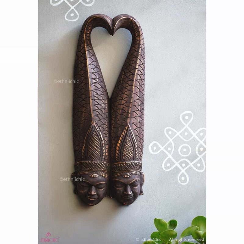 Wooden Hand carved Gambhira Wall Mask Twin Pair with Fish Crown