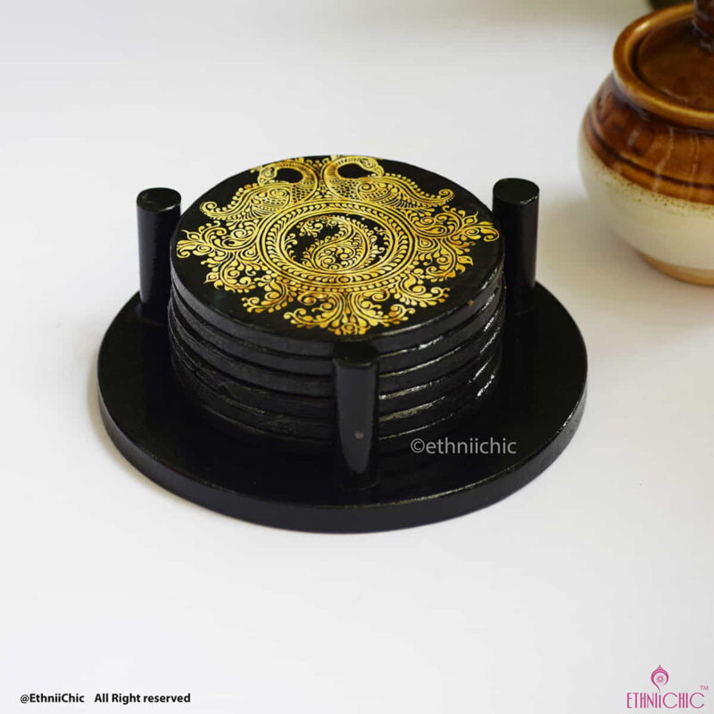 Wooden Tea Coasters - Round - Golden Peacock