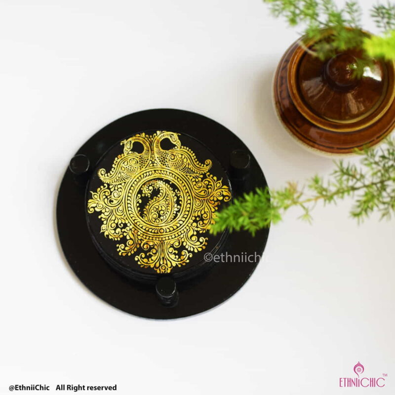 Wooden Tea Coasters - Round - Golden Peacock