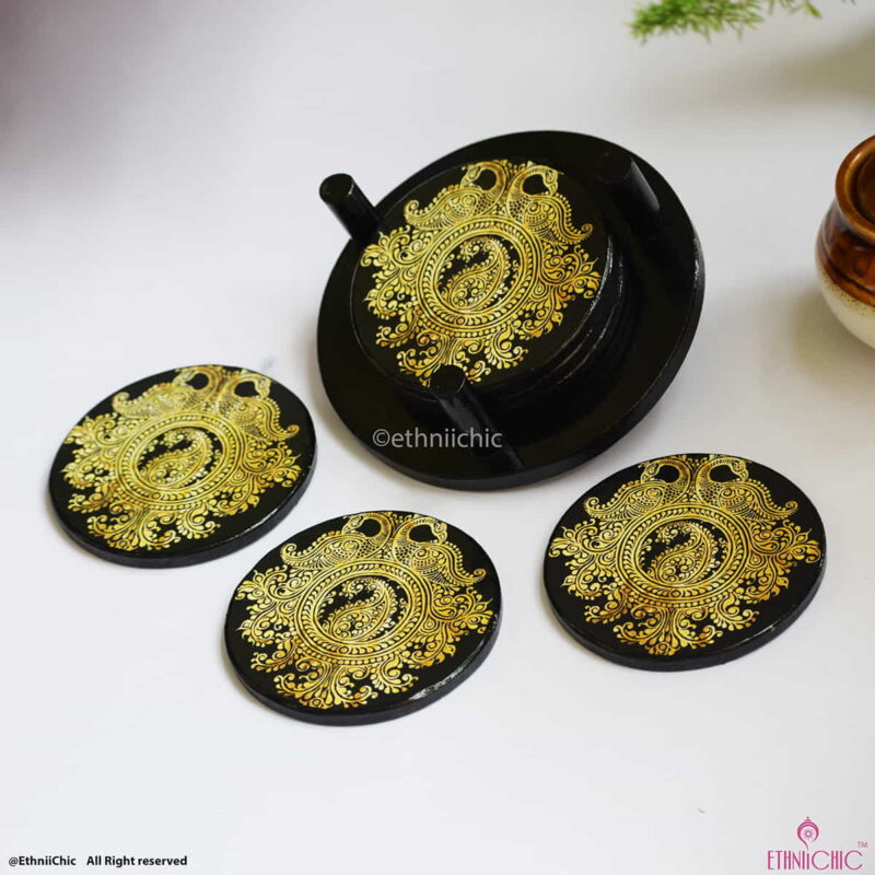 Wooden Tea Coasters - Round - Golden Peacock