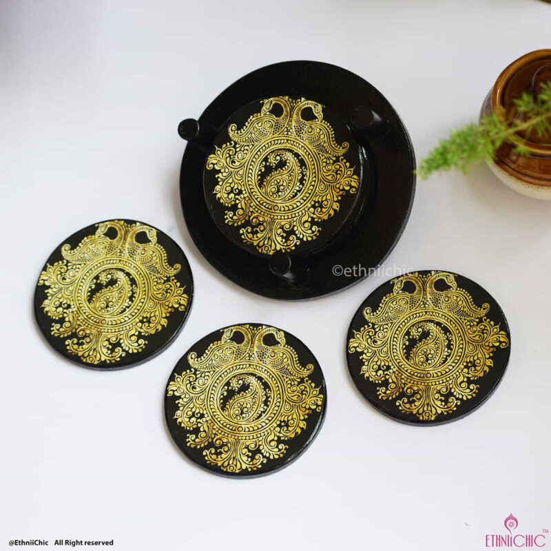 Wooden Tea Coasters - Round - Golden Peacock