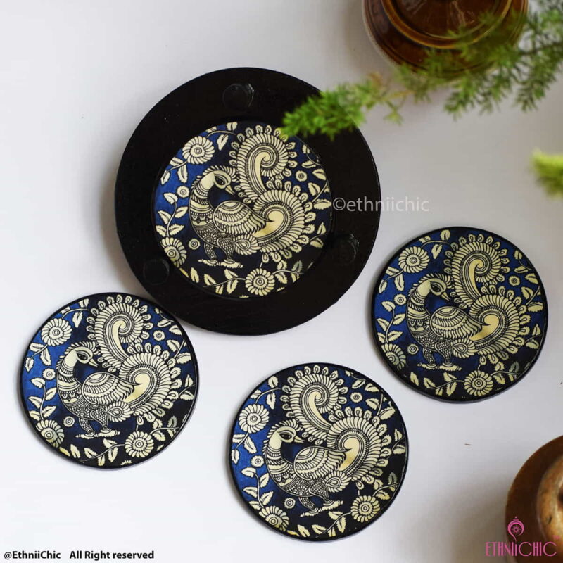 Wooden Tea Coasters - Round - Kalamkari Blue Peacock
