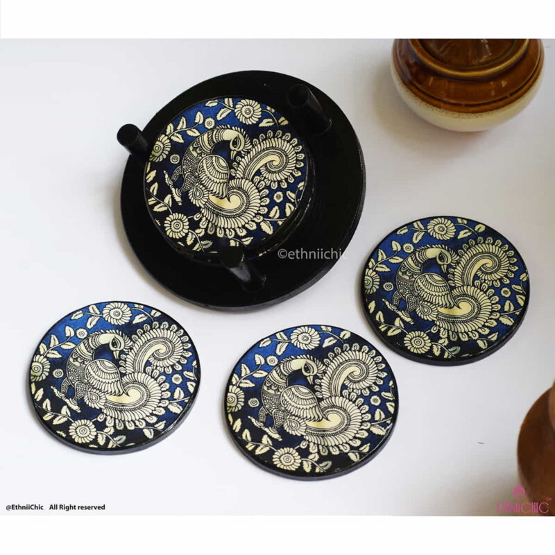 Wooden Tea Coasters - Round - Kalamkari Blue Peacock