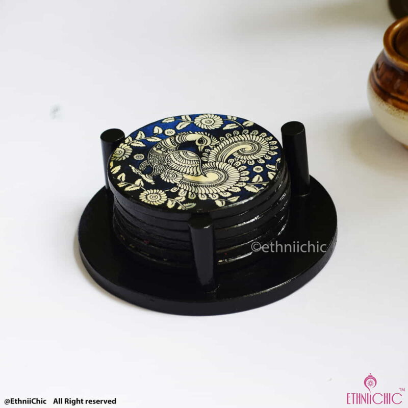 Wooden Tea Coasters - Round - Kalamkari Blue Peacock