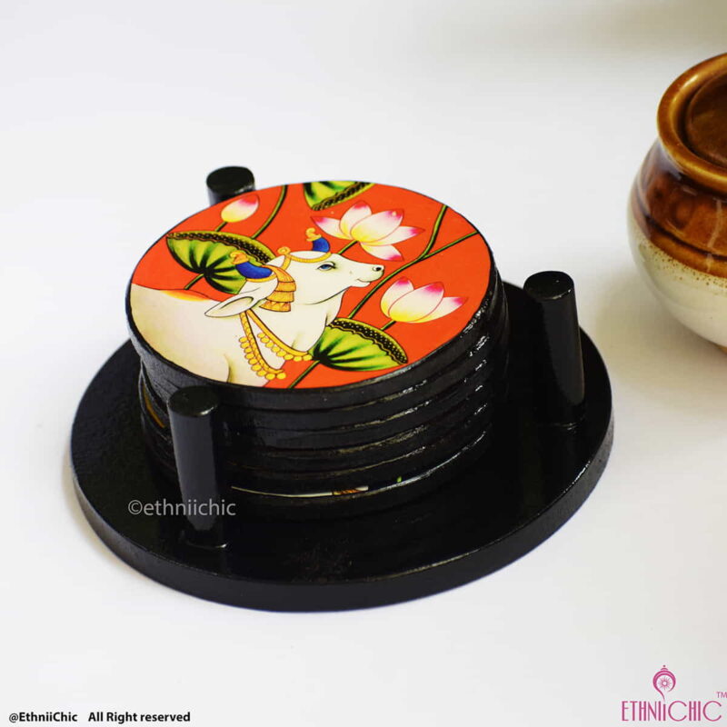 Wooden Tea Coasters - Round - Pichwai Cow