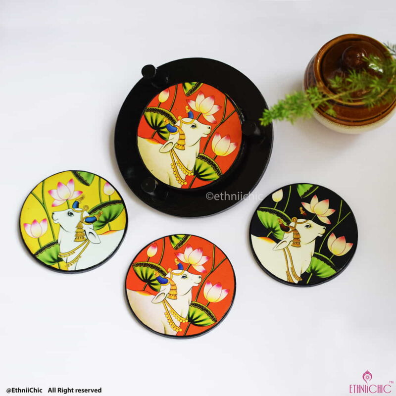 Wooden Tea Coasters - Round - Pichwai Cow