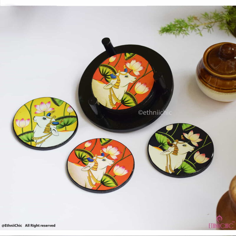 Wooden Tea Coasters - Round - Pichwai Cow